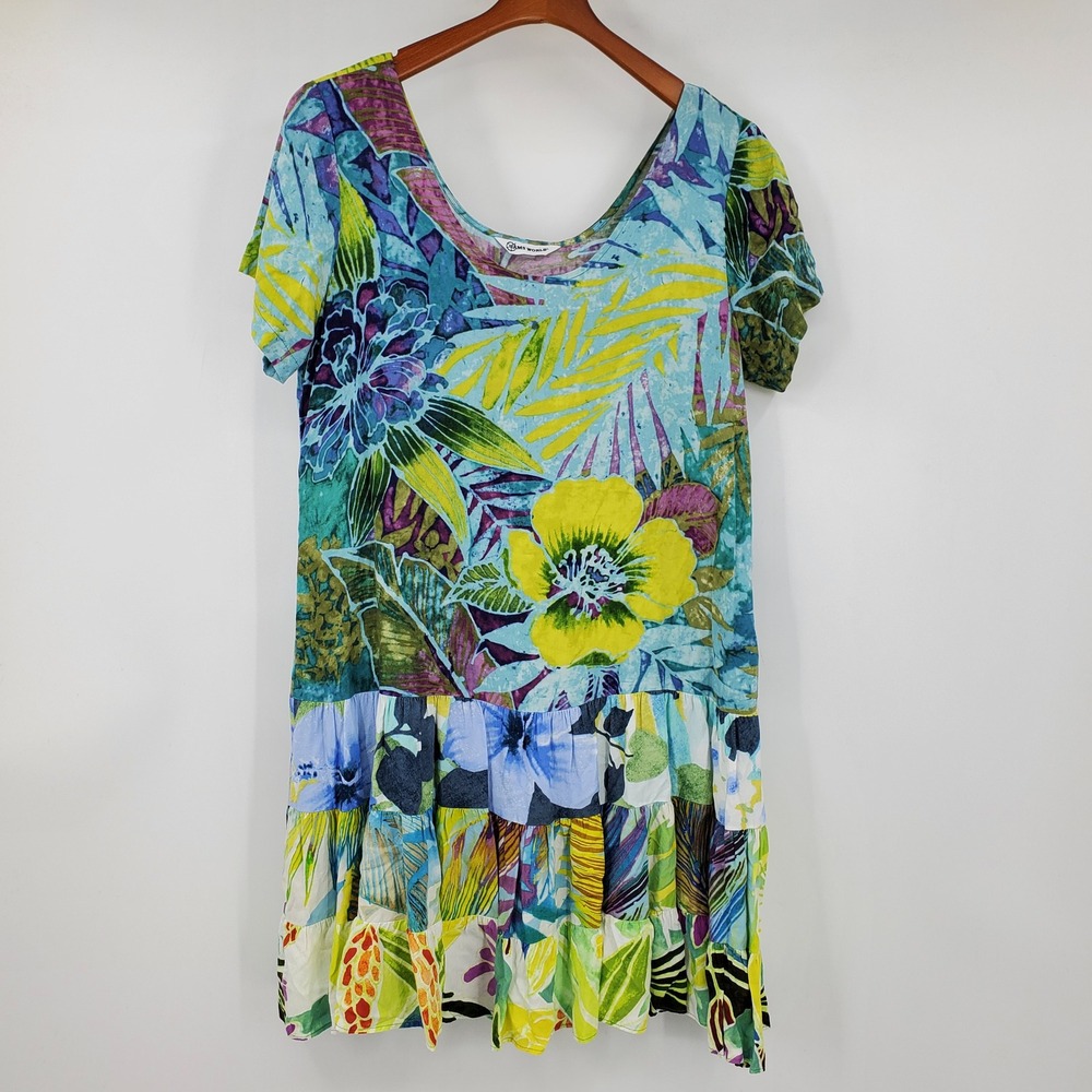 Jams World Rain Tropic Floral Tiered Ruffle Mini Dress Hawaiian Rayon Tropical M